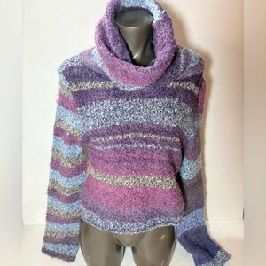 Free People Purple and Blue Striped Cowl Neck Sweater